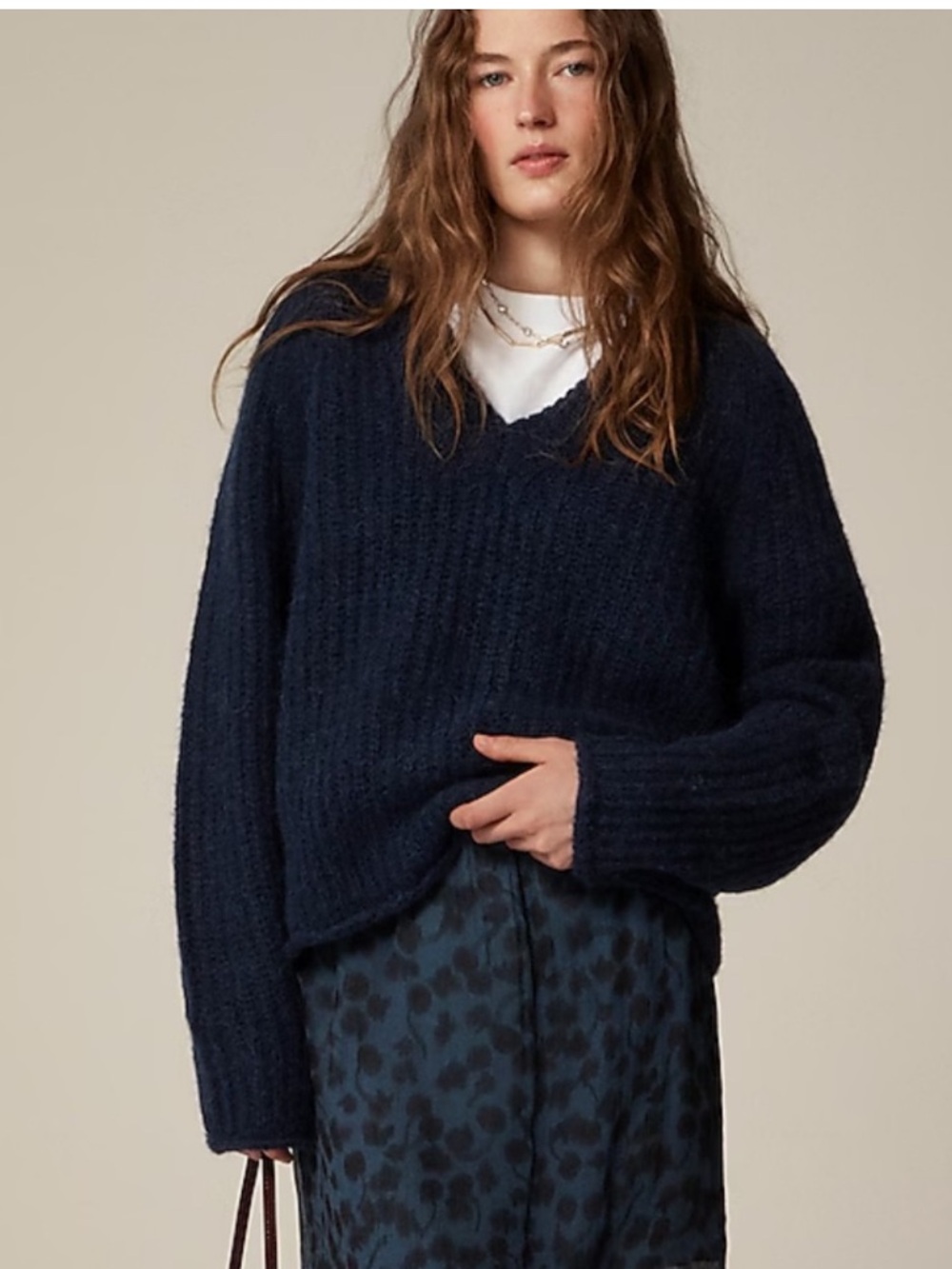 J. Crew Women Wool Alpaca Blend V-Neck Chunky Fisherman Oversize Sweater Navy XS